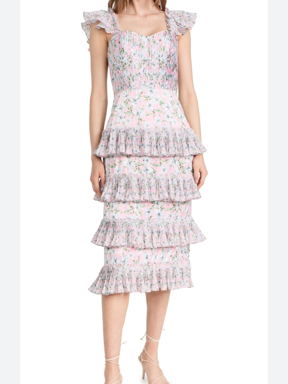 AMUR Pink Floral Ruffle Tiered Midi Dress